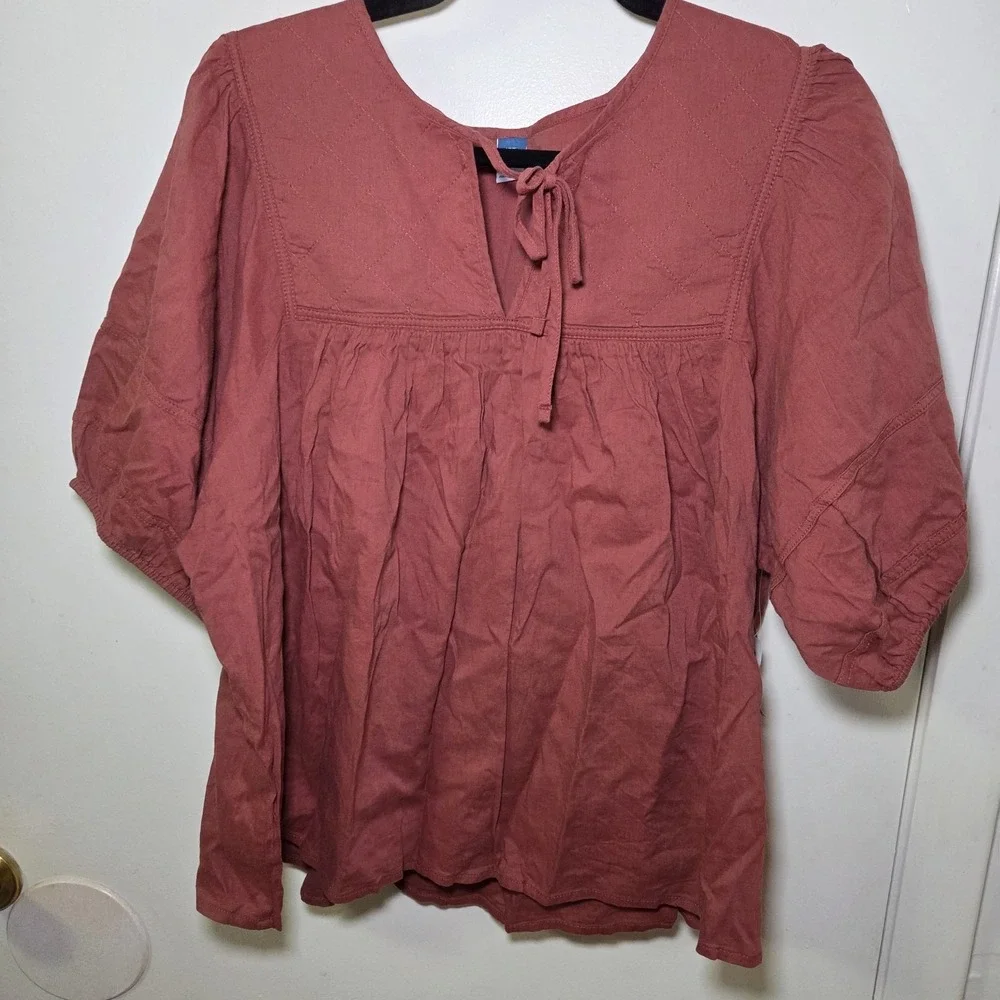 Old Navy Quilted Yoke Peasant Top XXL Rust Mauve Boho Puff Sleeve Blouse Prairie